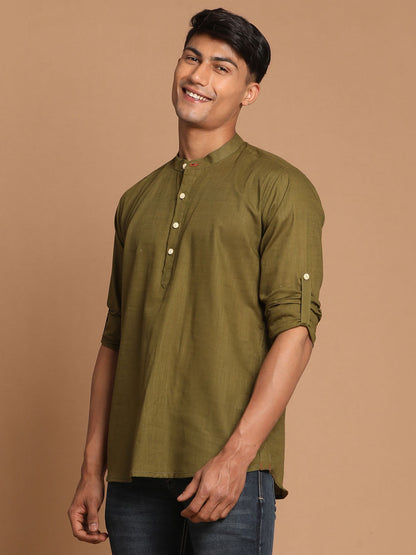 Vastramay Men's Olive Green Short Cotton Kurta