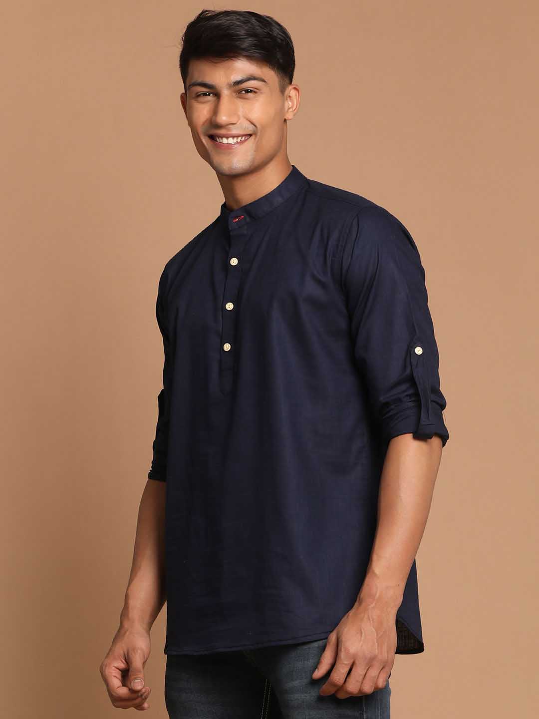 Vastramay Men's Navy Blue Short Cotton Kurta