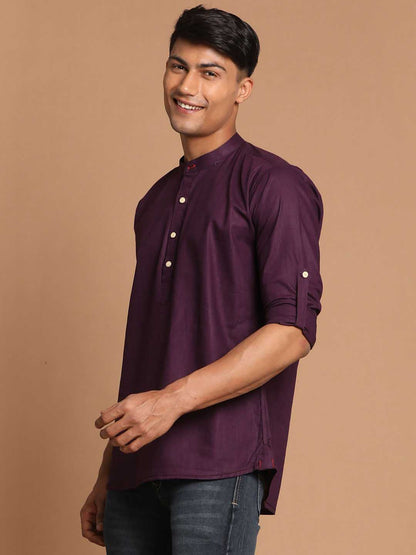 Vastramay Men's Purple Short Cotton Kurta