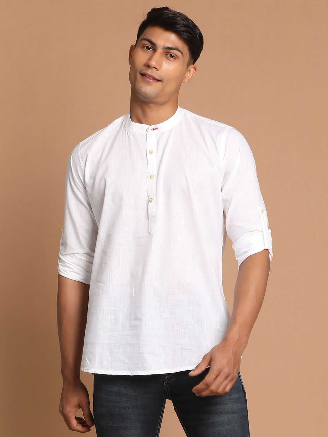 Vastramay Men's White Short Cotton Kurta