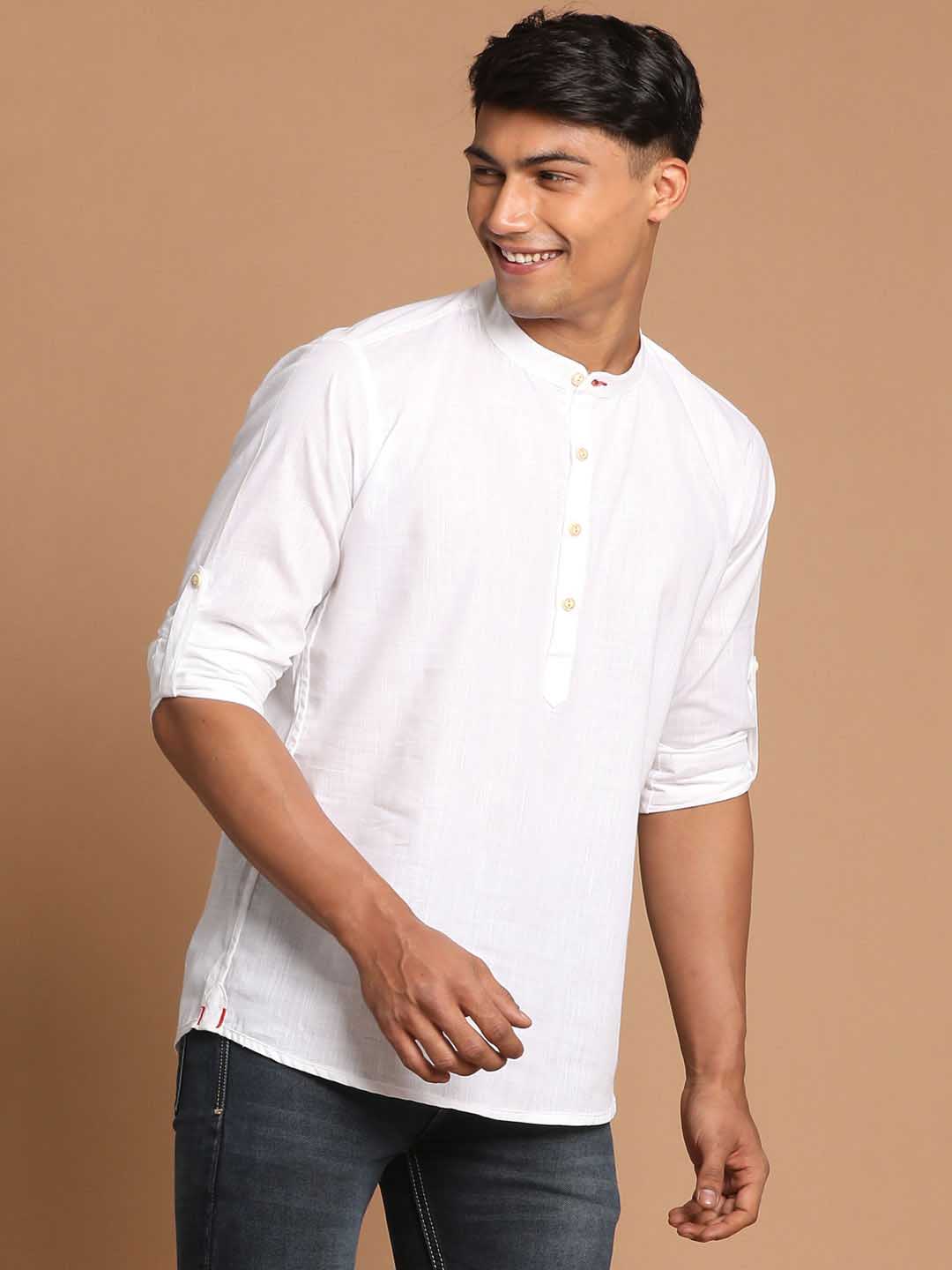 Vastramay Men's White Short Cotton Kurta