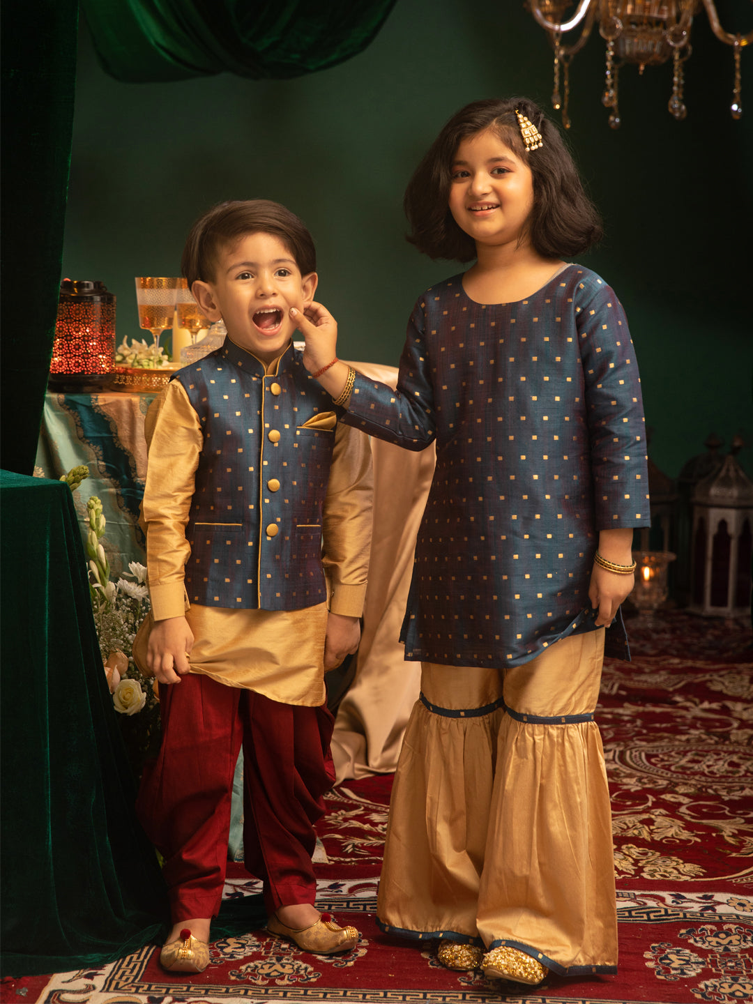 Vastramay Banarasi Blue And Rose Gold Woven Siblings Set