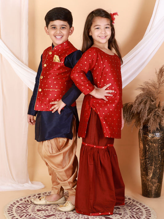 Vastramay Banarasi Maroon Woven Siblings Set