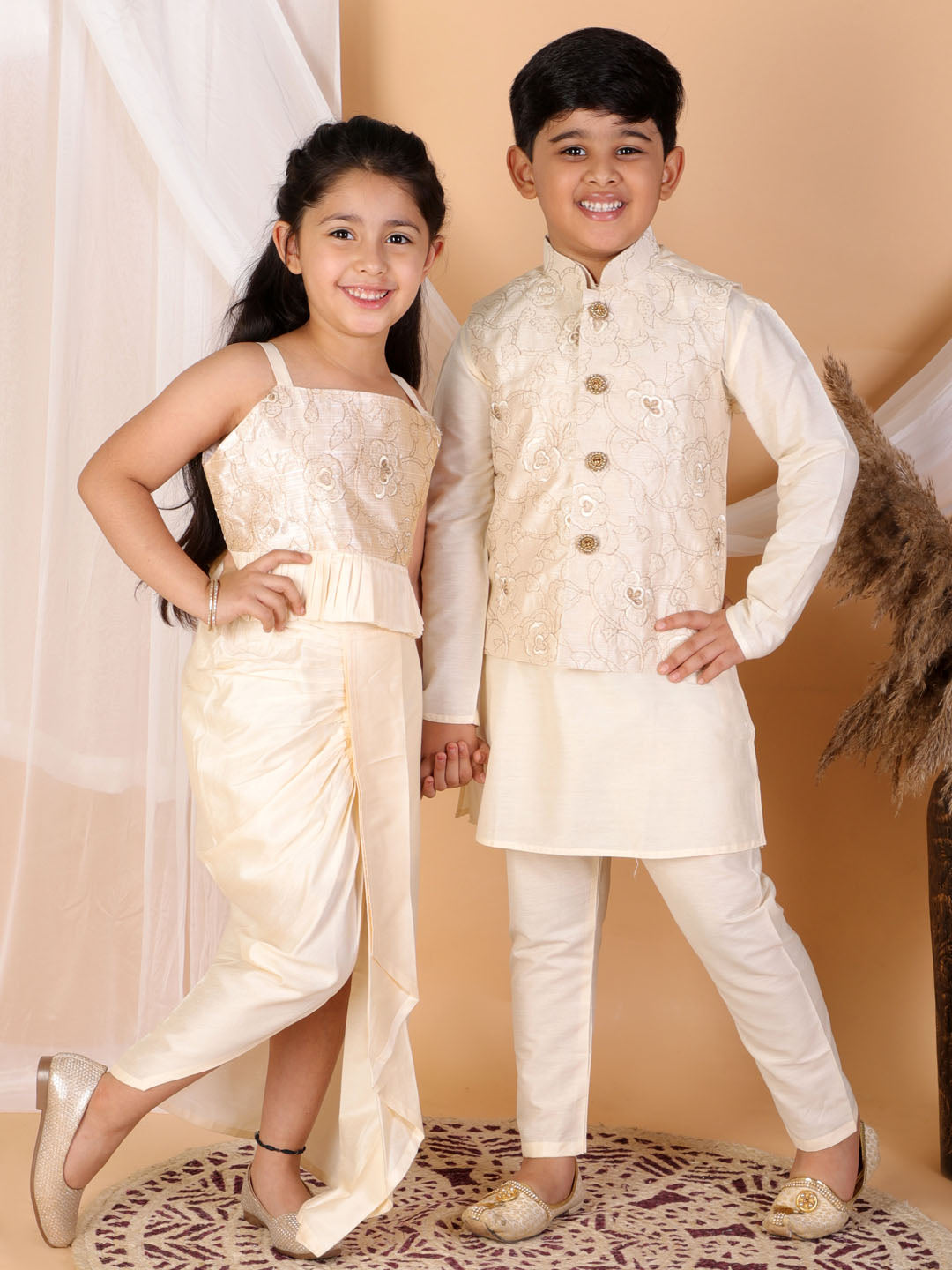 Vastramay Cream And Gold Silk Blend Siblings Set