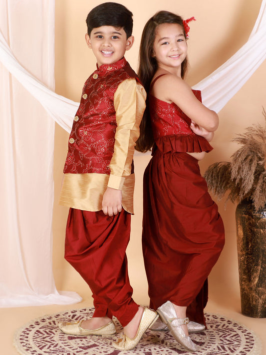 Vastramay Maroon Embroidered Silk Blend Siblings Set