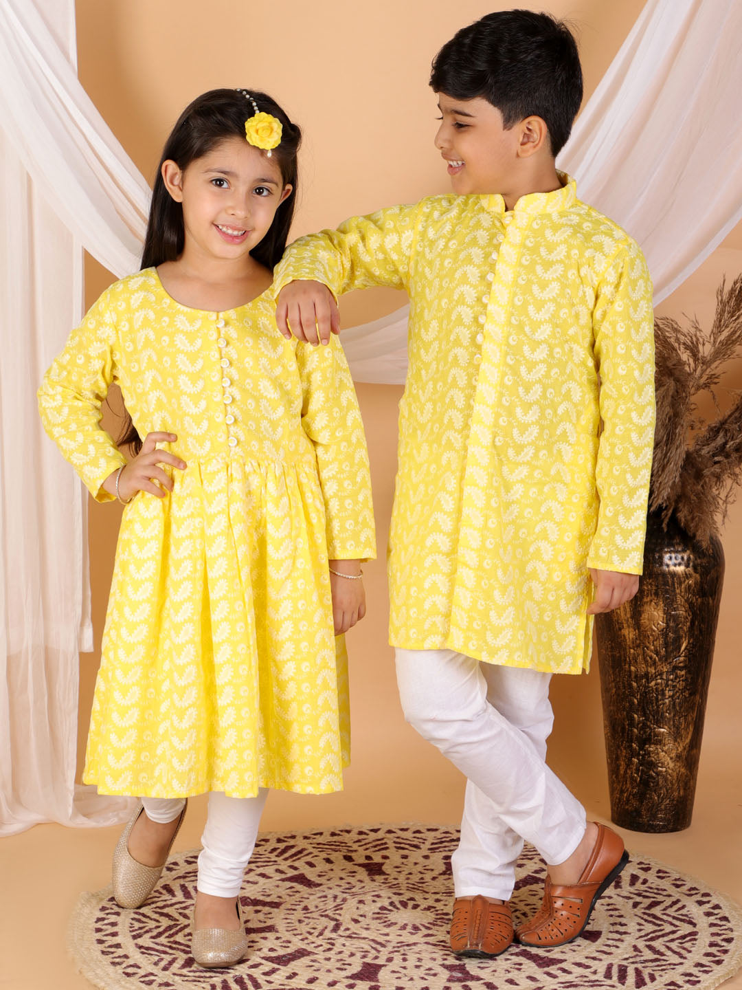 Vastramay Mustard Pure Cotton Chikankari Siblings Set