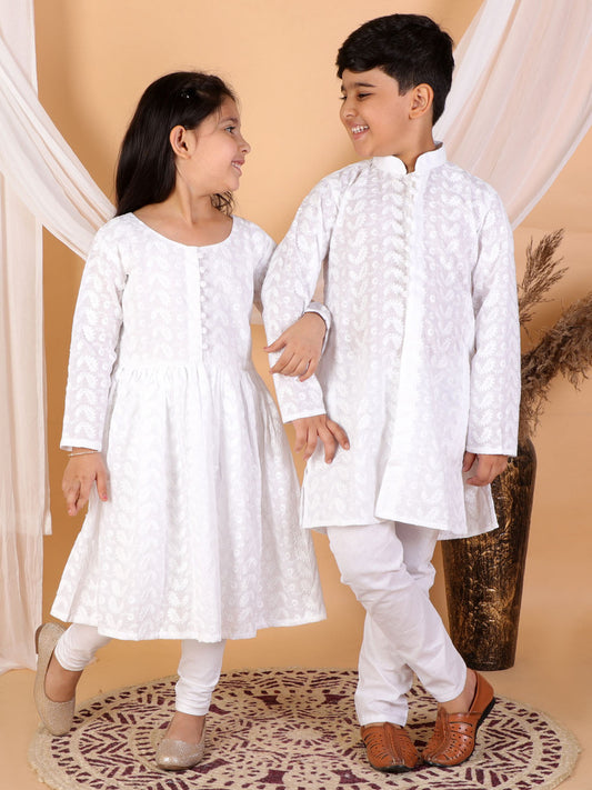 Vastramay White Pure Cotton Chikankari Siblings Set