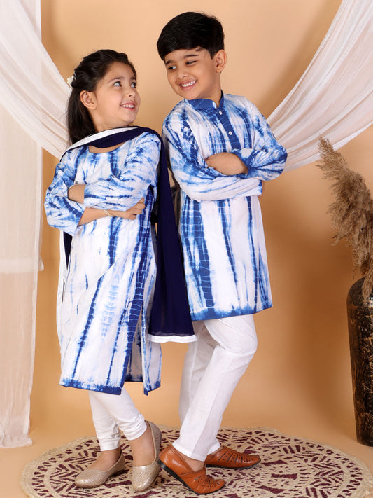 Vastramay Blue Tie And Dye Pattern Cotton Siblings Set