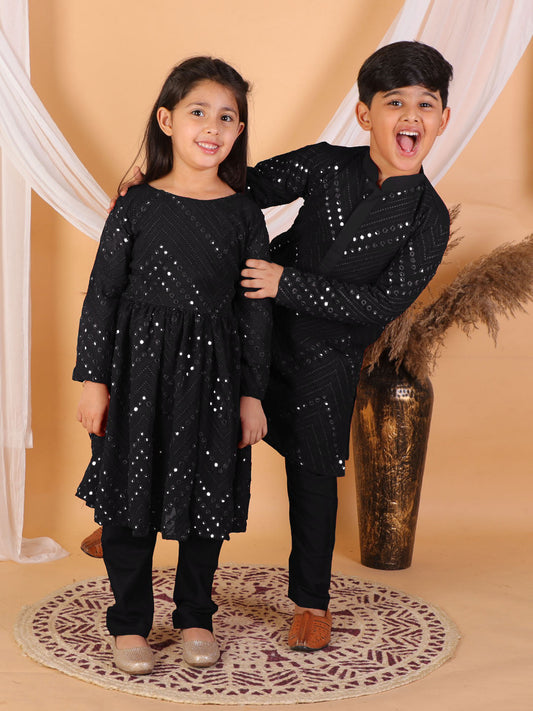 Vastramay Black Mirror Kurta Pyjama Siblings Set