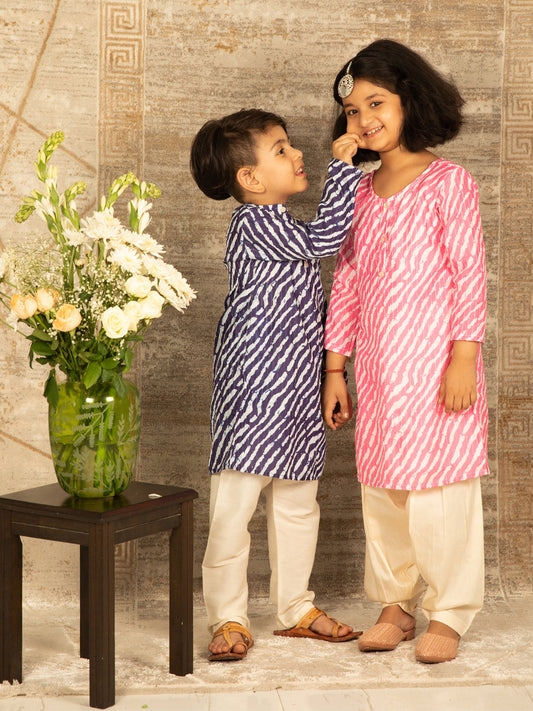 Vastramay Laheriya Print Pink And Blue Cotton Blend Siblings Set