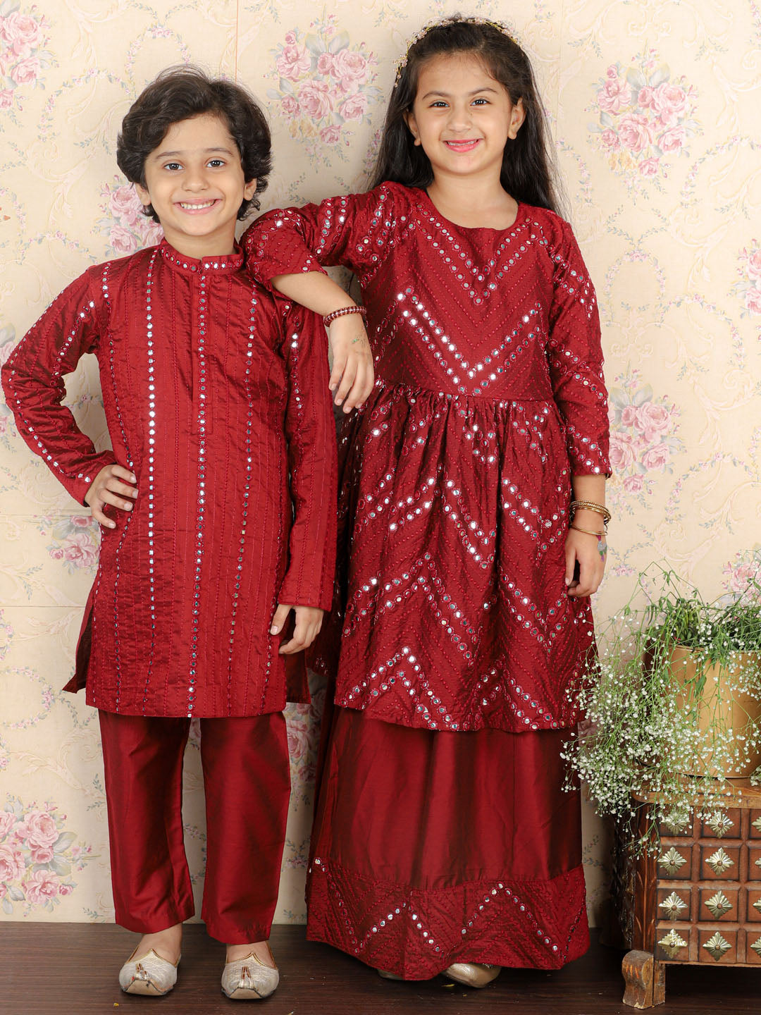 Viscose Maroon Mirror Traditional Sibling Set