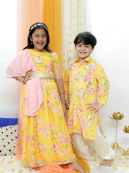 VASTRAMAY Yellow Floral Print Sibling Set