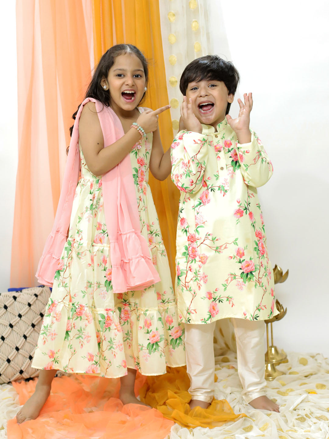 VASTRAMAY Yellow Cotton Blend Floral Print Sibling Set