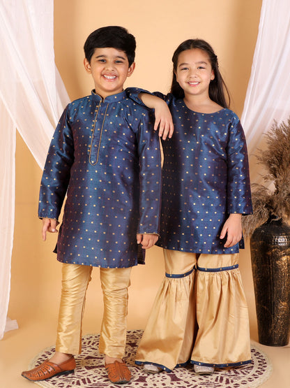 Vastramay Silk Blend Blue And rose Gold Woven Siblings Set