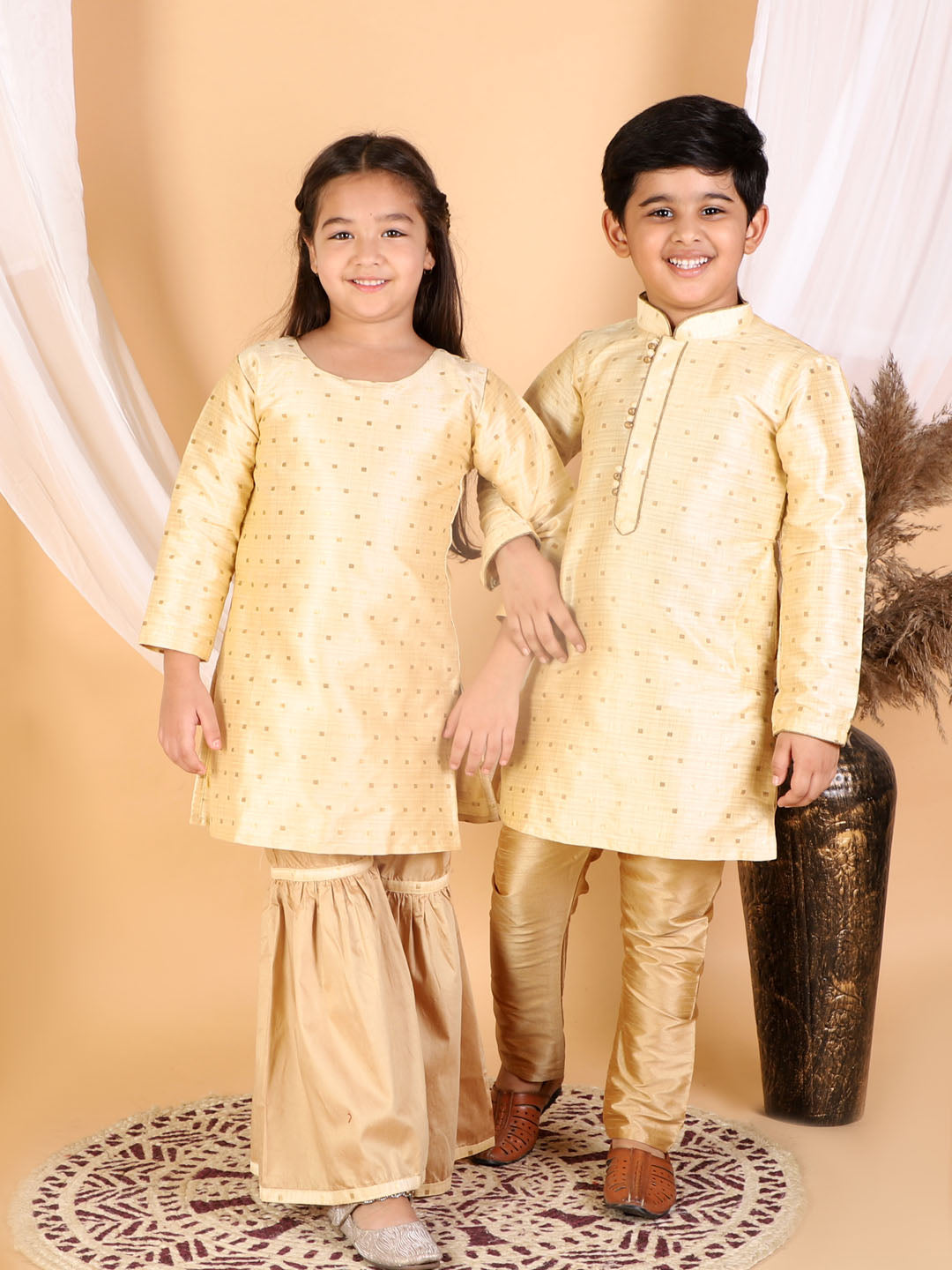 Vastramay Silk Blend Beige And Rose Gold Woven Sibling Set