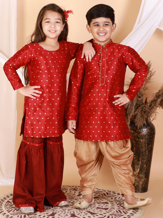 Vastramay Silk Blend Maroon Woven Sibling Set