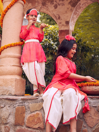 VASTRAMAY Red And Cream Janmashtami Special Siblings Set