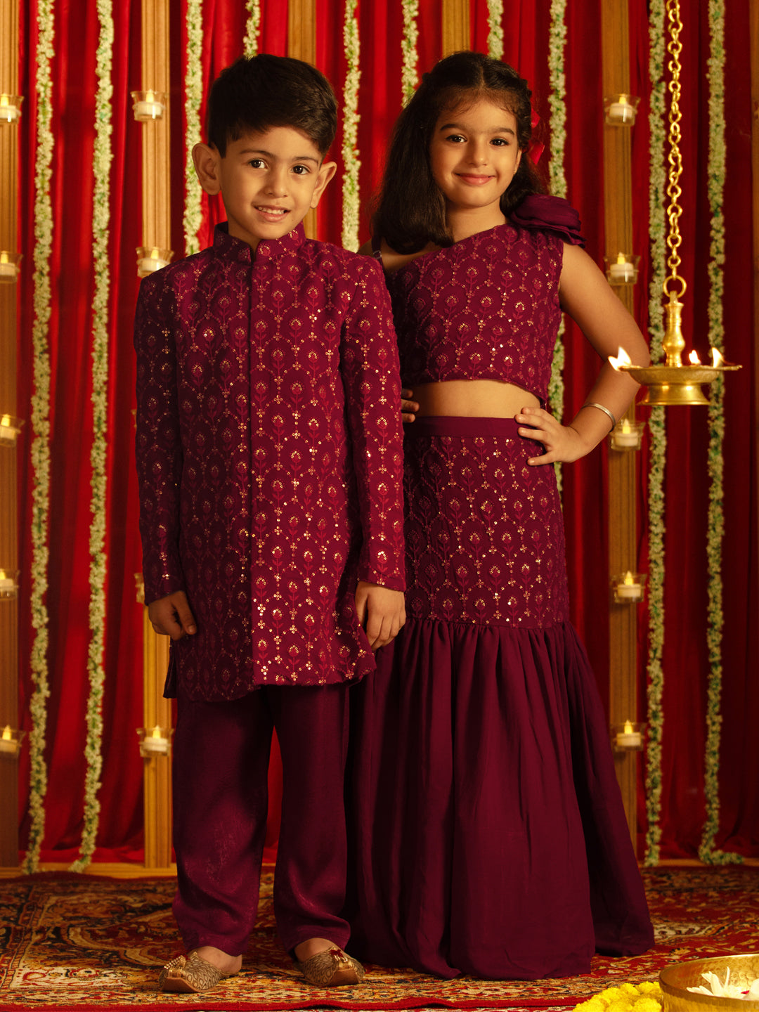 VASTRAMAY Wine Lehenga And Sherwani Festive Siblings Matching Set