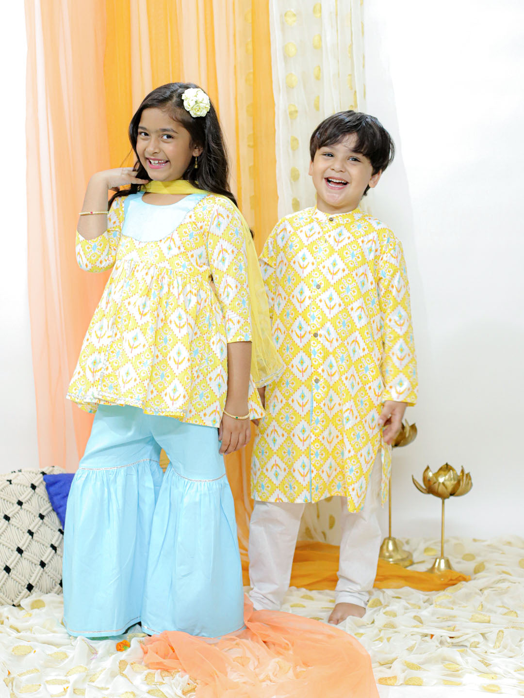 VASTRAMAY Yellow Ikkat Print Cotton Kurta Pyjama Sibling Set