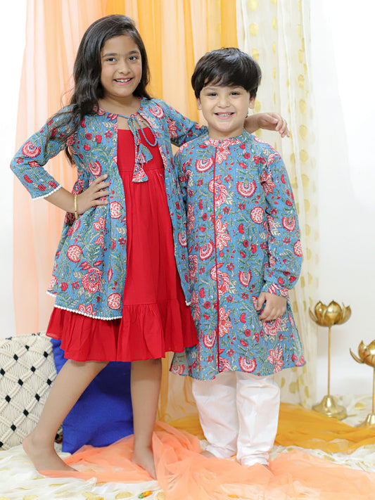 VASTRAMAY Blue Printed Cotton Festive Collection Sibling Set