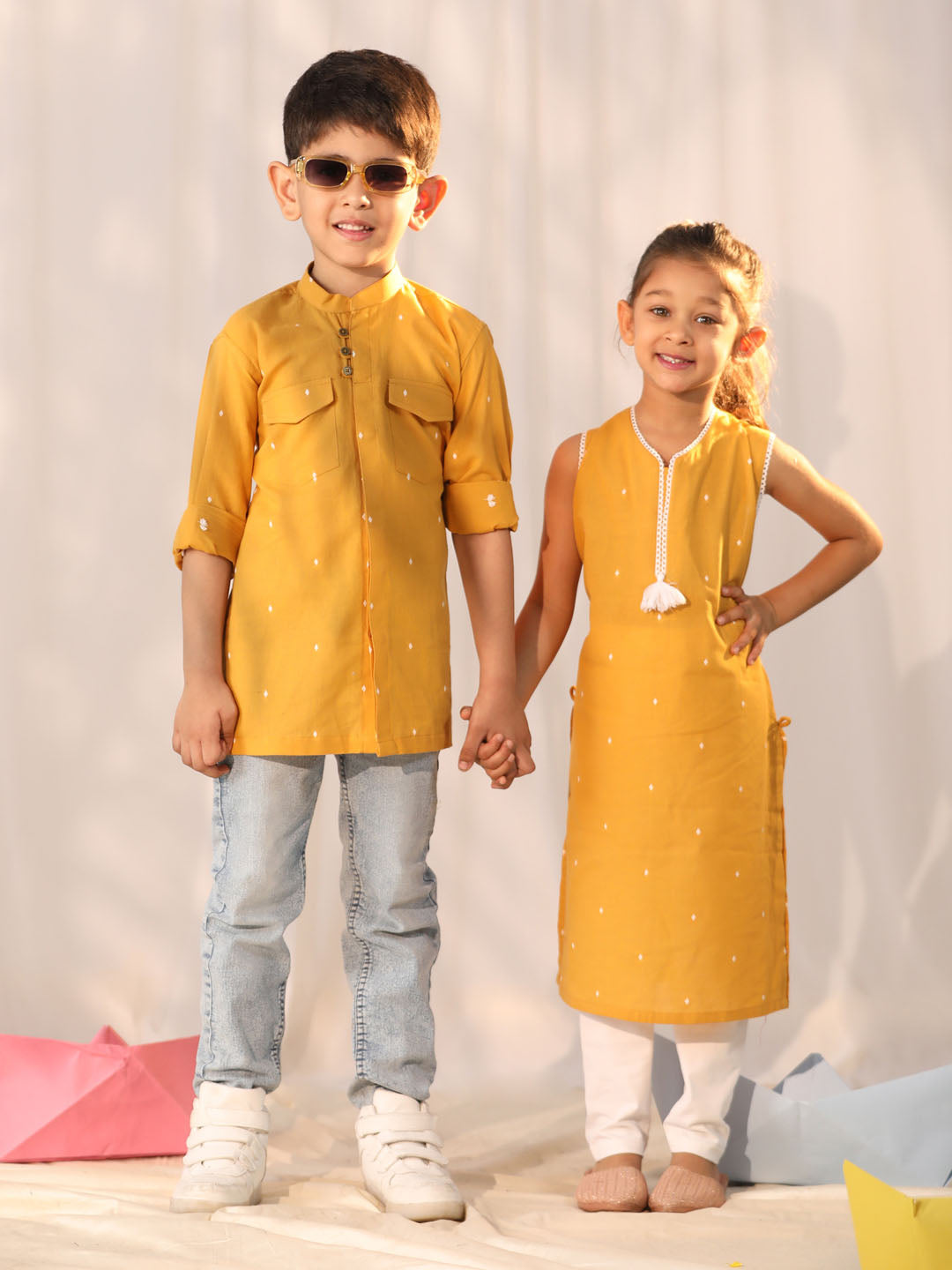 VASTRAMAY Mustard Cotton Summer Cool Siblings Matching Set