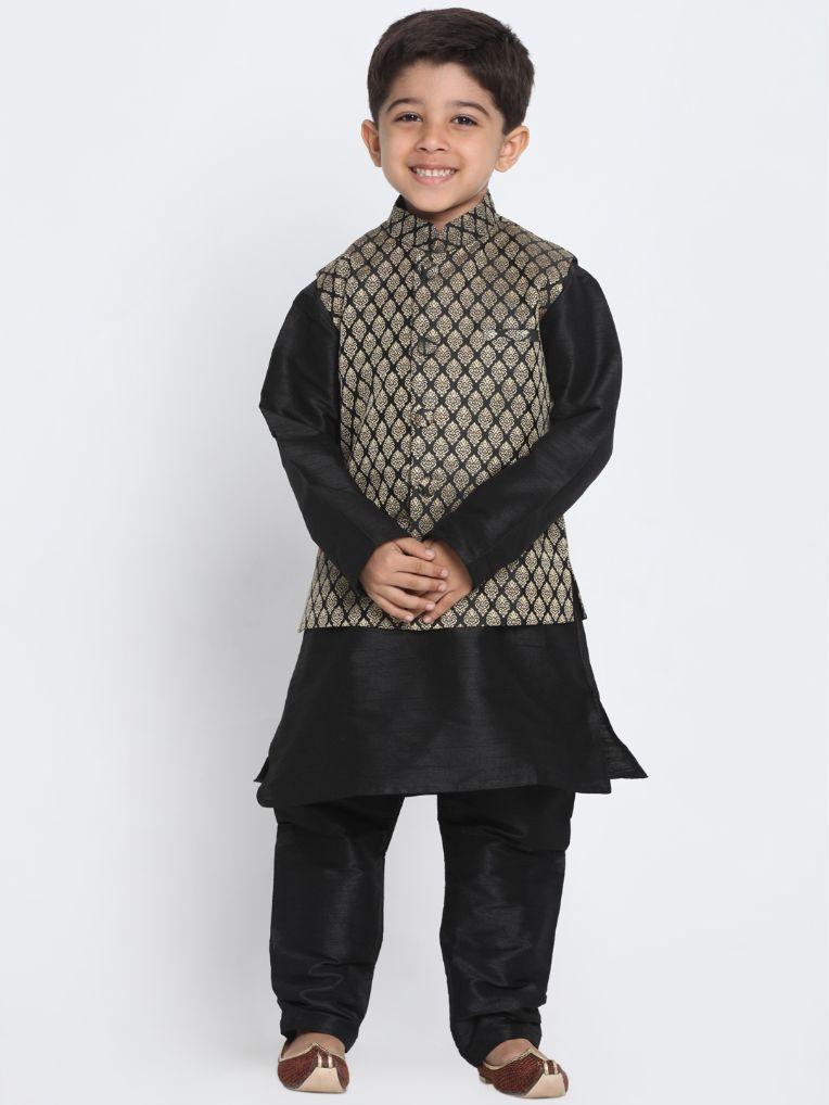 Vastramay Boys' Black Cotton Silk Blend Kurta, Waistcoat and Pyjama Set