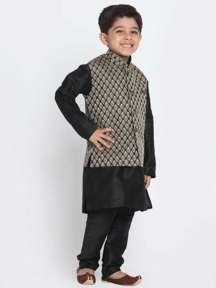 Vastramay Boys' Black Cotton Silk Blend Kurta, Waistcoat and Pyjama Set