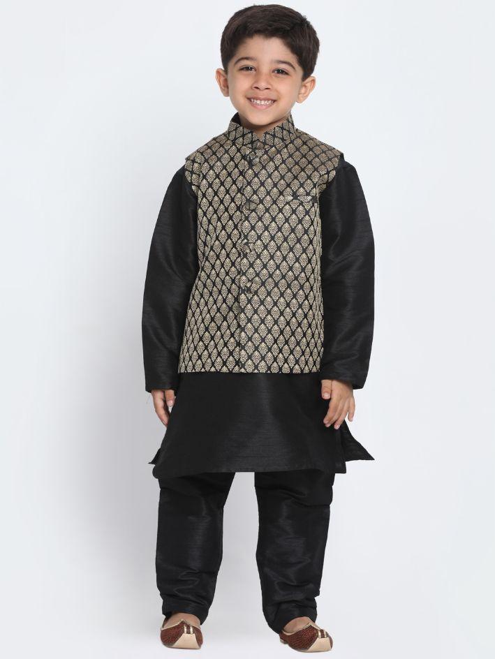 Vastramay Boys' Black Cotton Silk Blend Kurta, Waistcoat and Pyjama Set