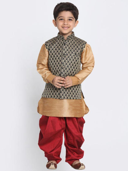 Vastramay Boys' Black Cotton Silk Blend Ethnic Jacket, Golden Kurta and Dhoti Pant Set