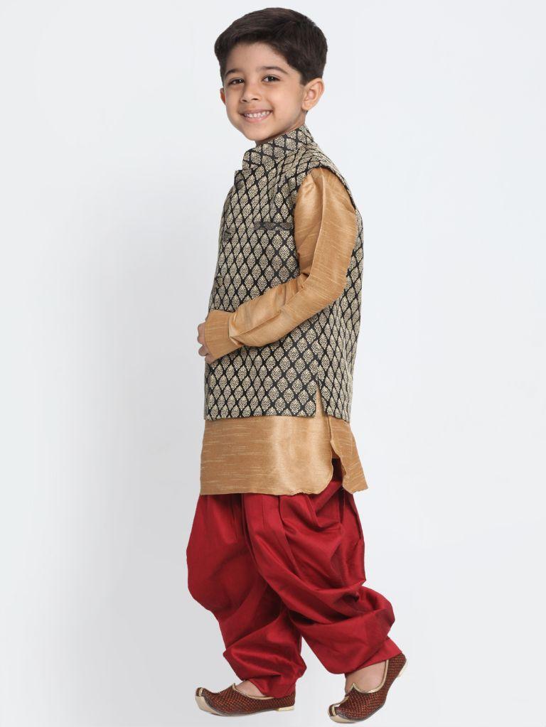 Vastramay Boys' Black Cotton Silk Blend Ethnic Jacket, Golden Kurta and Dhoti Pant Set