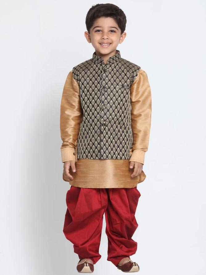 Vastramay Boys' Black Cotton Silk Blend Ethnic Jacket, Golden Kurta and Dhoti Pant Set