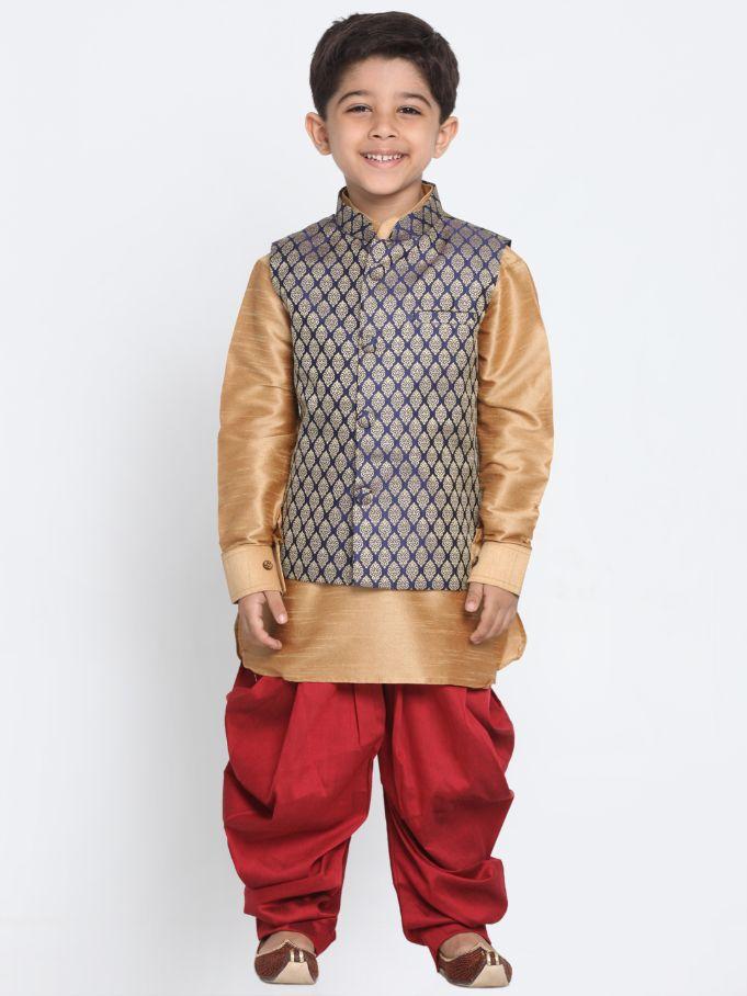 Vastramay Boys' Blue Cotton Silk Blend Ethnic Jacket, Golden Kurta and Dhoti Pant Set