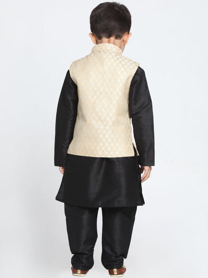 Vastramay Cream and Black Color Silk Blend  Baap Beta Jacket Kurta Pyjama set