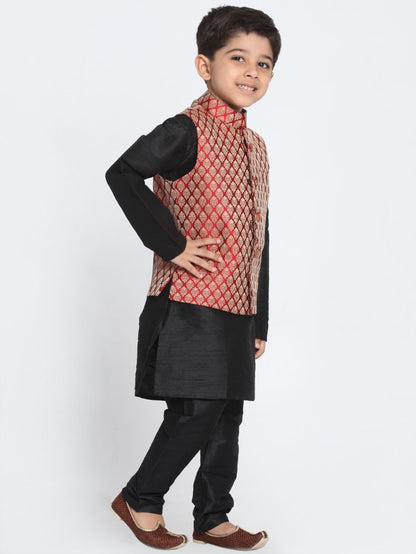 Vastramay Boys' Maroon Cotton Silk Blend Waistcoat, Black Kurta and Pyjama Set