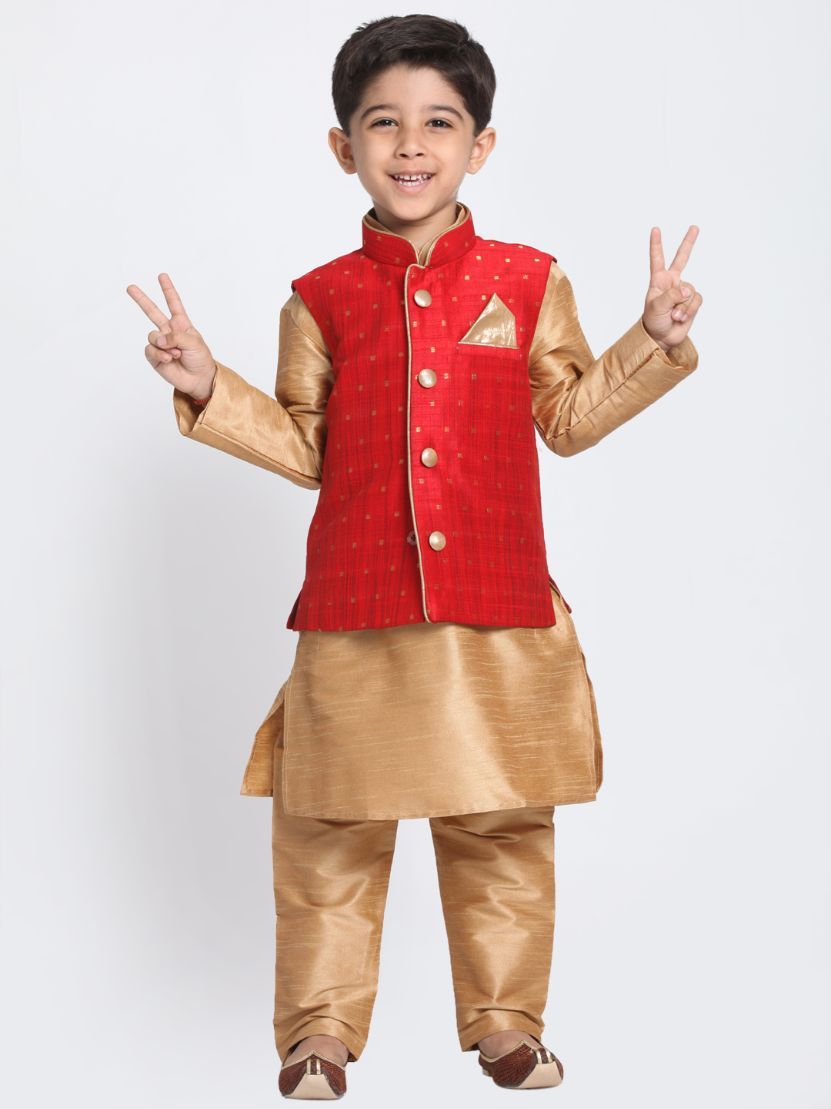 Vastramay Boys' Maroon Woven Design Nehru Jacket With Rose Gold Kurta and Pajamas Set