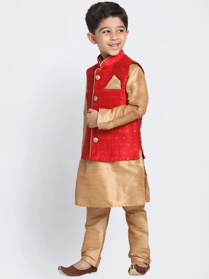 Vastramay Maroon and Rose Gold Silk Blend  Baap Beta Jacket Kurta Pyjama set