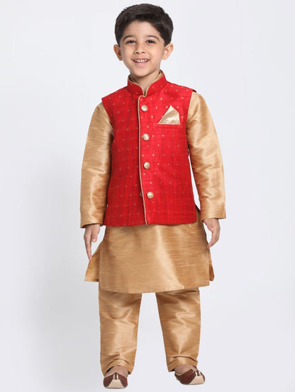 Vastramay Boys' Maroon Woven Design Nehru Jacket With Rose Gold Kurta and Pajamas Set