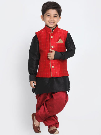 Vastramay Boys' Maroon Cotton Silk Blend Ethnic Jacket, Black Kurta and Maroon Dhoti Pant Set