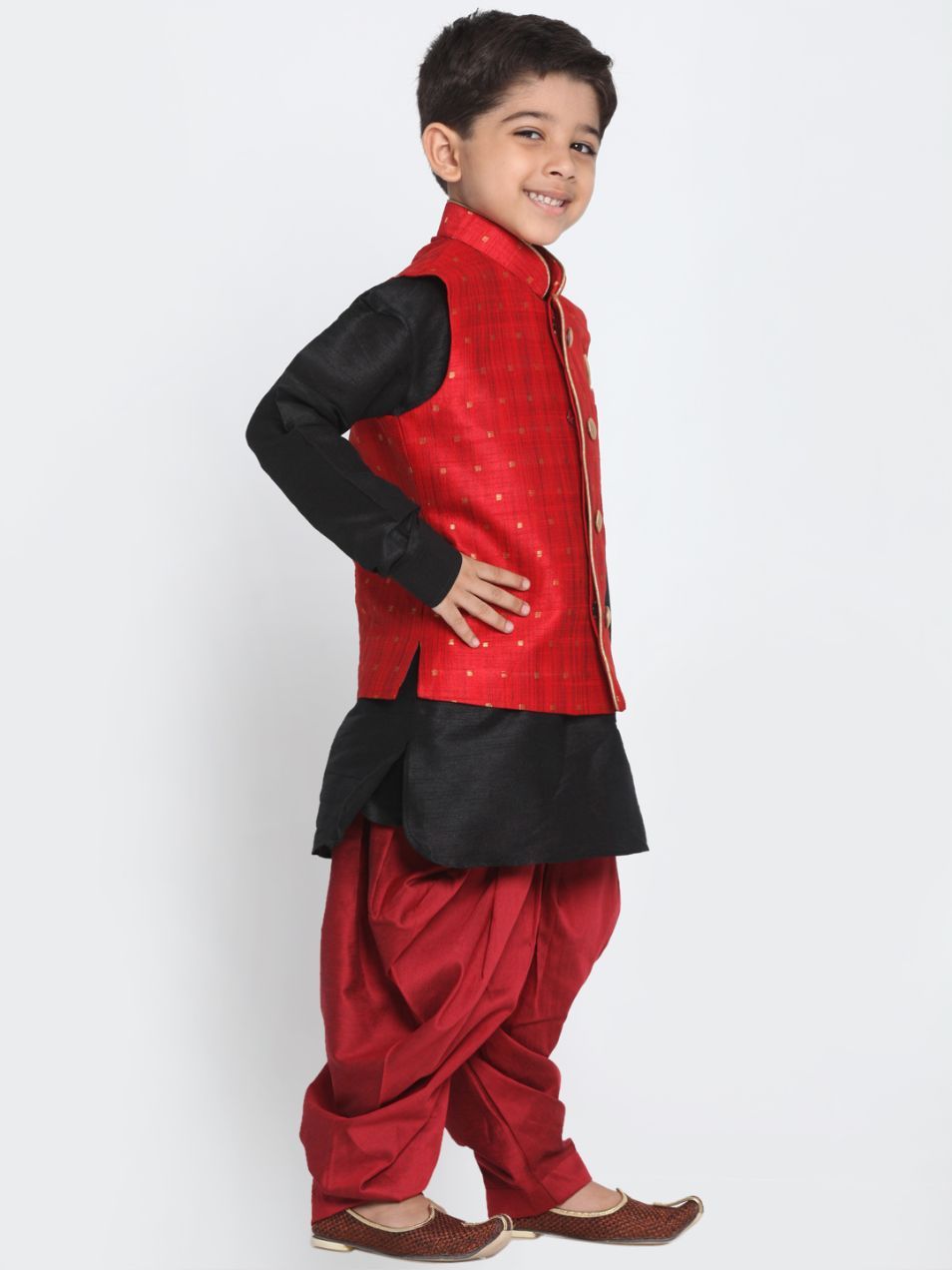 Vastramay Boys' Maroon Cotton Silk Blend Ethnic Jacket, Black Kurta and Maroon Dhoti Pant Set