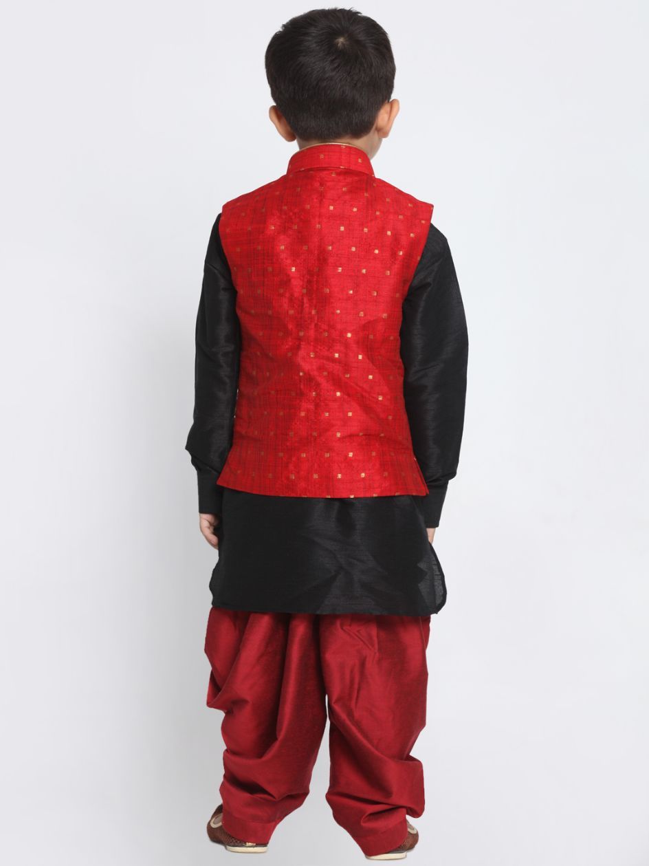 Vastramay Boys' Maroon Cotton Silk Blend Ethnic Jacket, Black Kurta and Maroon Dhoti Pant Set