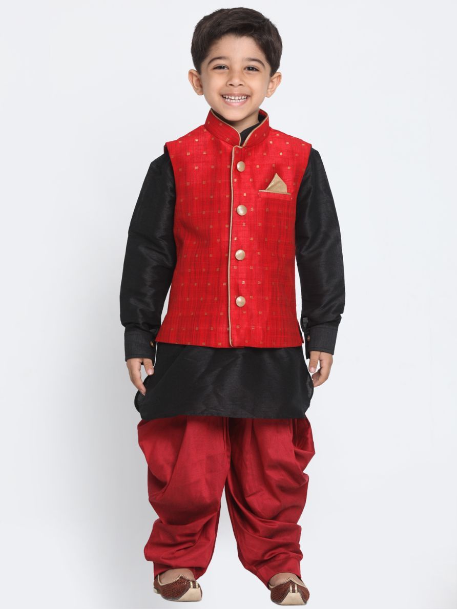 Vastramay Boys' Maroon Cotton Silk Blend Ethnic Jacket, Black Kurta and Maroon Dhoti Pant Set