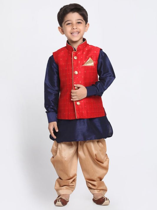 Vastramay Boys' Maroon Silk Blend Ethnic Jacket, Navy Blue Kurta and Rose Gold Dhoti Pant Set