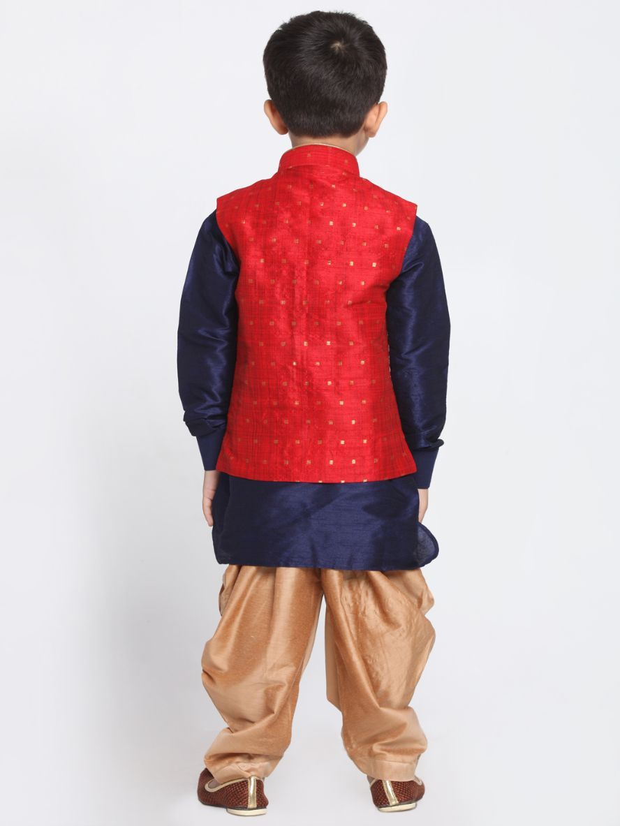 Vastramay Boys' Maroon Silk Blend Ethnic Jacket, Navy Blue Kurta and Rose Gold Dhoti Pant Set