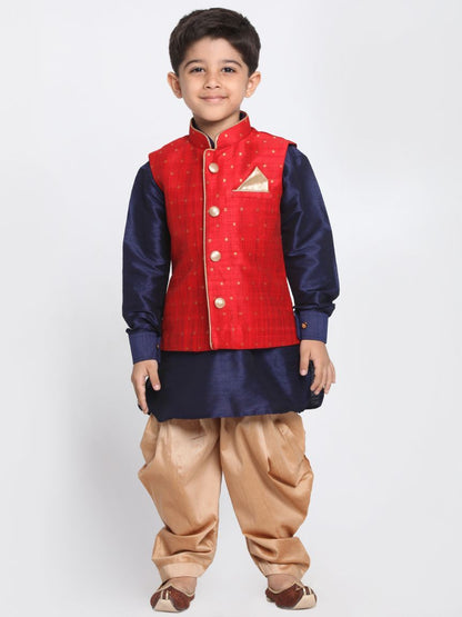 Vastramay Boys' Maroon Silk Blend Ethnic Jacket, Navy Blue Kurta and Rose Gold Dhoti Pant Set