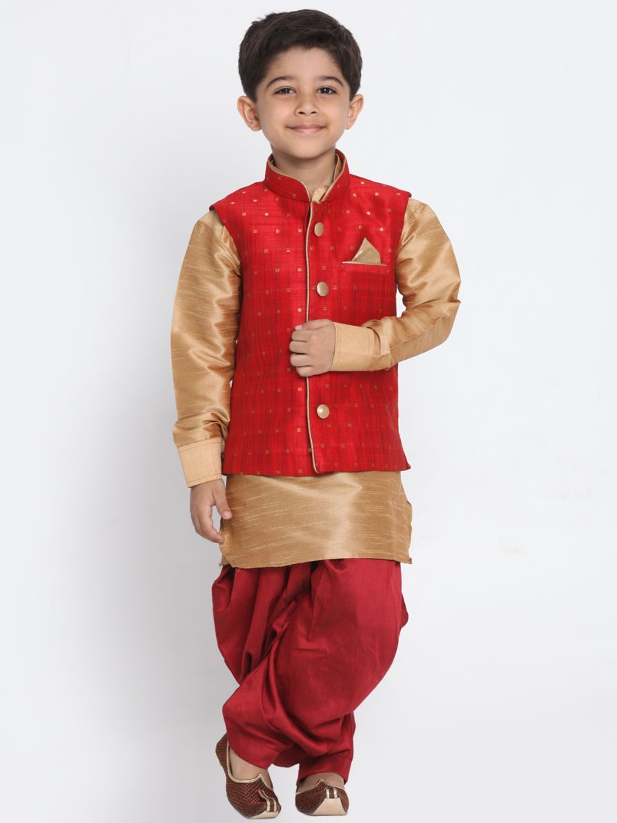 Vastramay Boys' Maroon Cotton Silk Blend Ethnic Jacket, Golden Kurta and Dhoti Pant Set