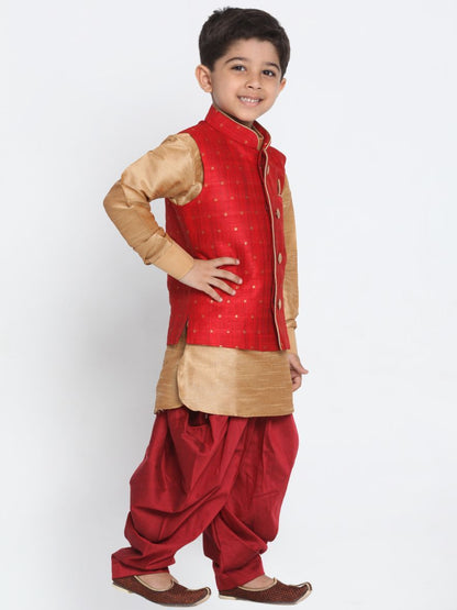 Vastramay Boys' Maroon Cotton Silk Blend Ethnic Jacket, Golden Kurta and Dhoti Pant Set