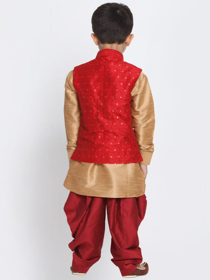 Vastramay Boys' Maroon Cotton Silk Blend Ethnic Jacket, Golden Kurta and Dhoti Pant Set