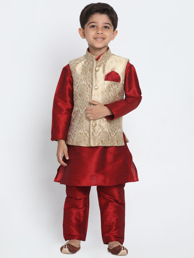 Vastramay Boys' Gold Cotton Silk Blend Waistcoat, Maroon Kurta and Pyjama Set