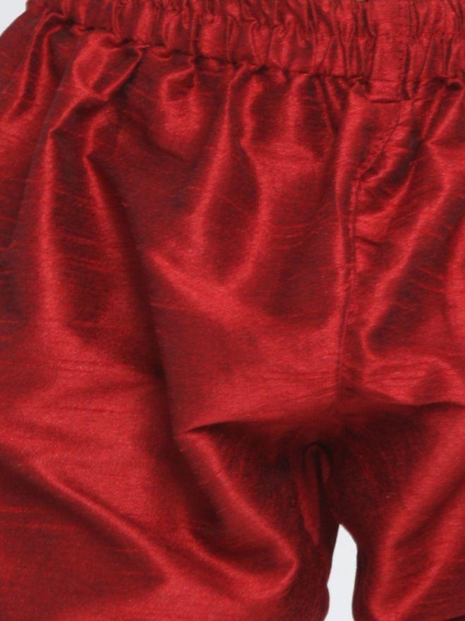 Vastramay Boys' Gold Cotton Silk Blend Waistcoat, Maroon Kurta and Pyjama Set