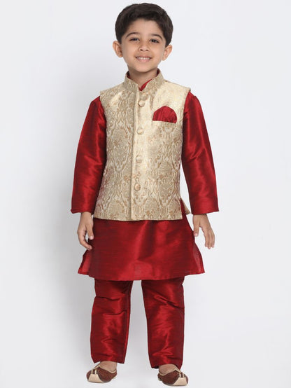 Vastramay Boys' Gold Cotton Silk Blend Waistcoat, Maroon Kurta and Pyjama Set